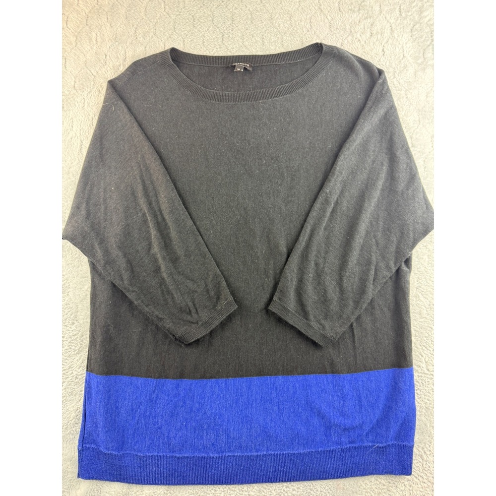 Talbots Womens Sweater XL Gray Blue Colorblock 3/4 Sleeve Crew Neck Knit Top